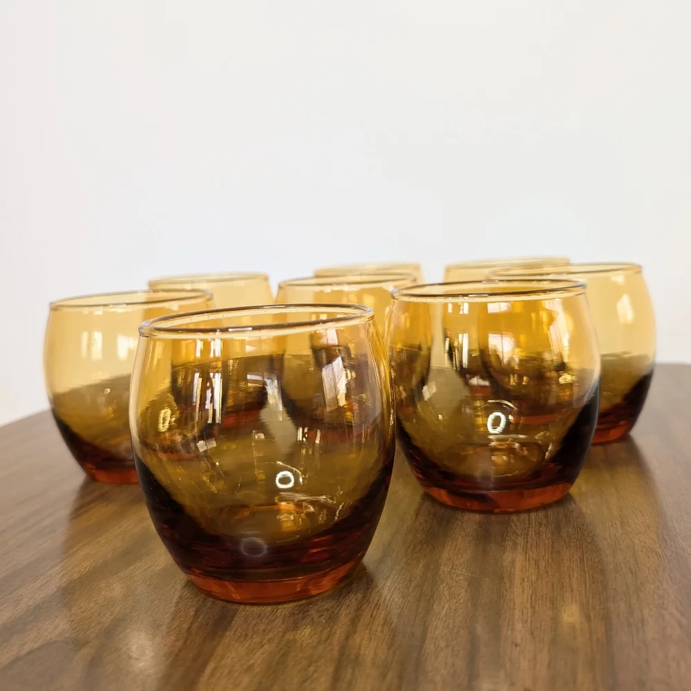 Set Of 8 Vintage 60s 70s MCM Amber Color Roly Poly Glasses Whiskey Stemless Wine